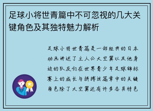 足球小将世青篇中不可忽视的几大关键角色及其独特魅力解析